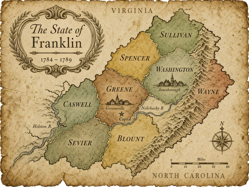 Antique parchment-style map of the State of Franklin, 1784–1789, showing Sullivan, Spencer, Washington, Wayne, Greene, Caswell, Sevier and Blount counties with Jonesborough and Greeneville.