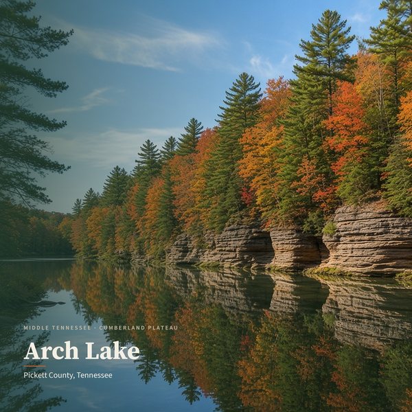 Arch Lake — Pickett County poster (AI-assisted artwork)