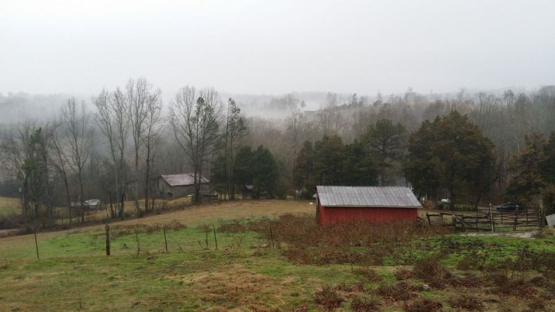 Appalachian farm in fog